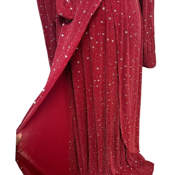 Unique Vintage Red & Silver Stars Farrah Maxi Dress V-Neck Sheer Holiday Gown - Picture 8 of 10